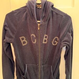 BCBG Navy Rhinestone Logo Zip Hoodie